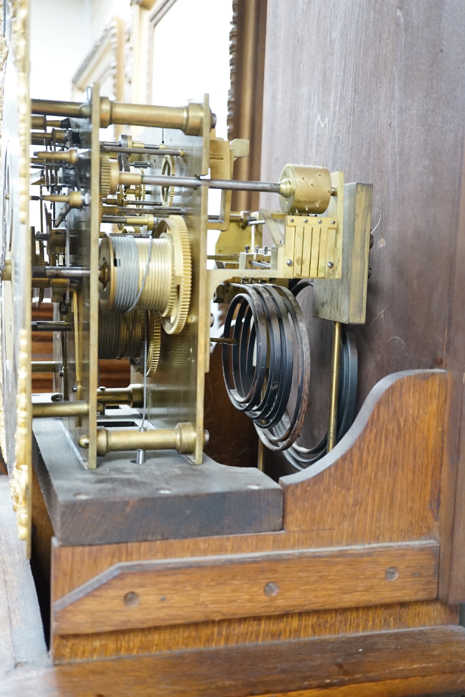 A late Victorian Camerer Cuss & Co carved oak chiming longcase clock, height 237cm *Please note the sale commences at 9am.